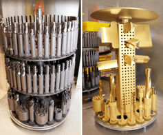 Images of a carousel and stand of newly coated tools